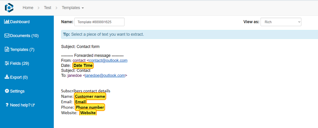 Highlight and create data fields