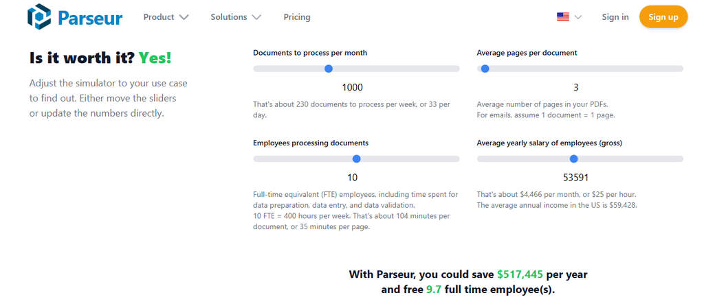 Parseur Cost Savings Calculator A screen capture of Parseur calculator