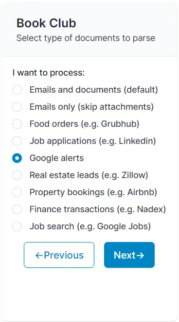 Choose "Google Alerts" as the type of mailbox