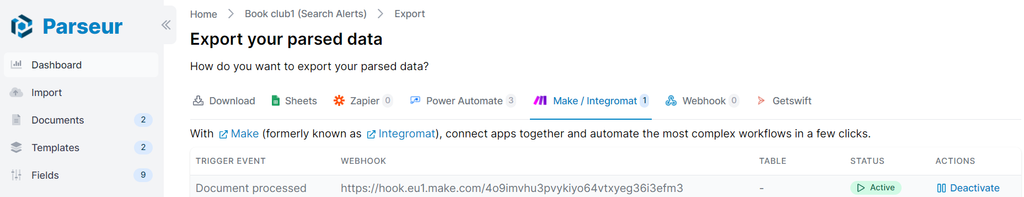 You will see the connection created by Make in the Export section