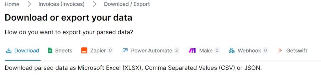 Parseur native integrations A screen capture of parseur integration