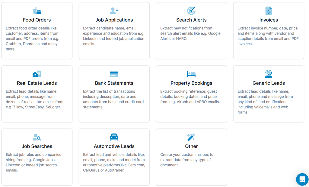 Unlimited mailboxes in Parseur A screen capture of parseur mailbox