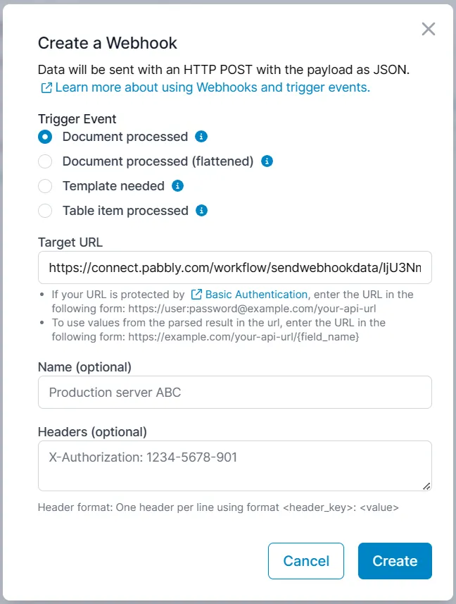 Create a Webhook in the Parseur app
