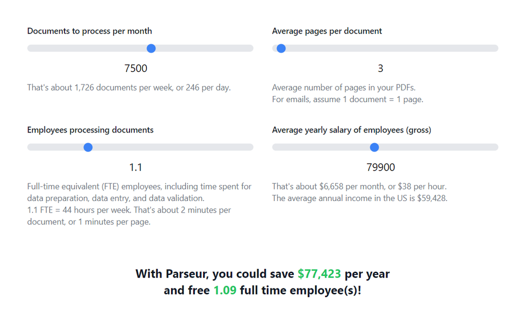 Save money with Parseur A screen capture of parseur savings
