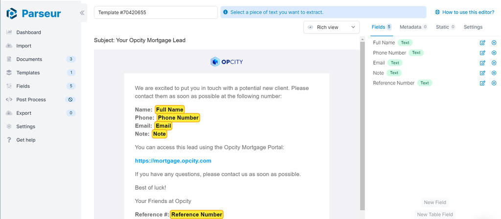 The visual template editor lets you quickly highlight the fields to capture in a sample email A screenshot of parseur template editor