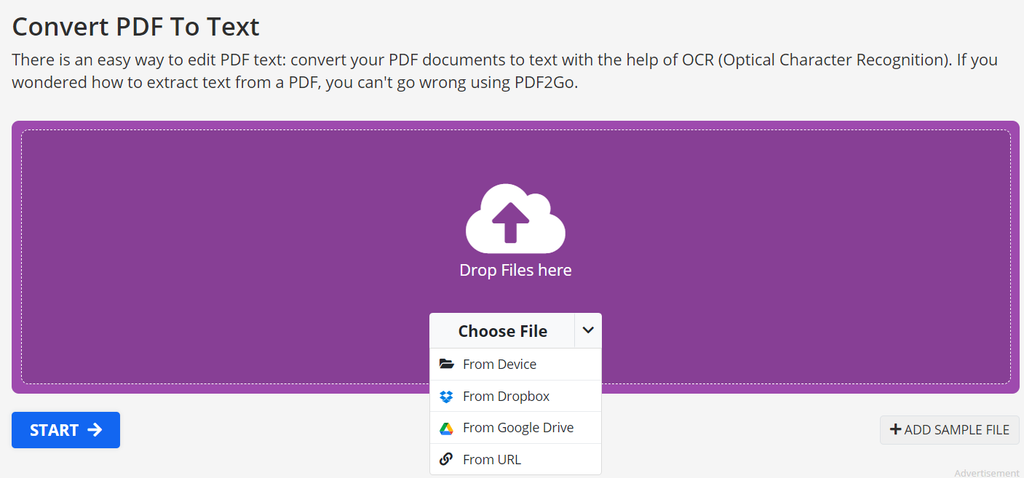 Upload PDF to pdf2go A screen capture of pdf2go