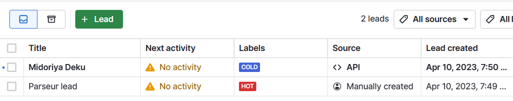 Lead created successfully in Pipedrive