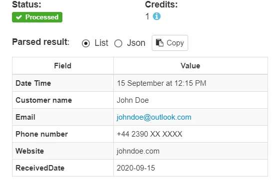 Lead data extracted by Parseur