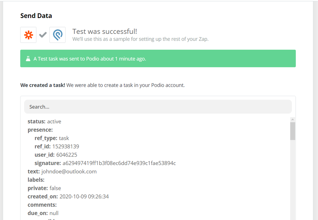 Test successful to Podio