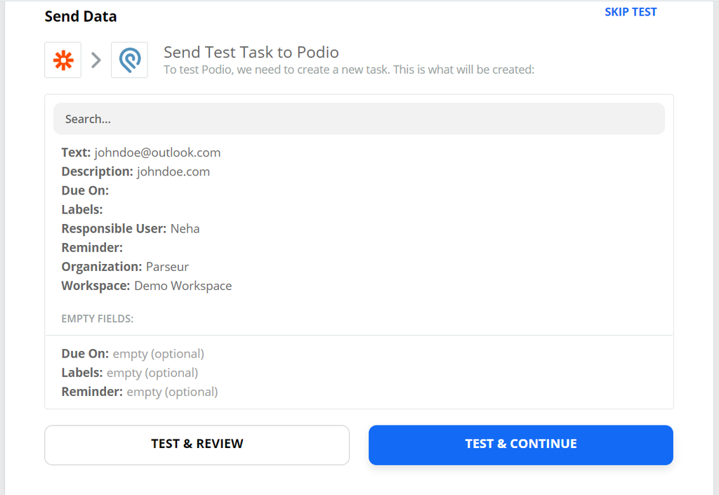 Send a test trigger to Podio