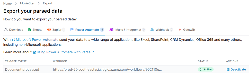 Export data to power automate A screen capture of PA export