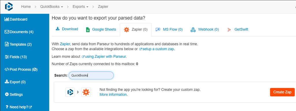 Search for QuickBooks under Zapier