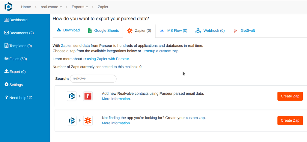 Export the parsed data to Zapier A screen capture of export the parsed data to Zapier