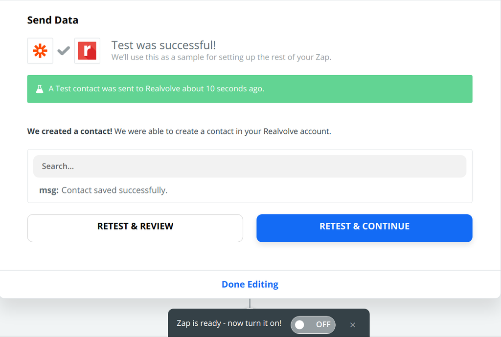 Turn the zap on to complete the integration