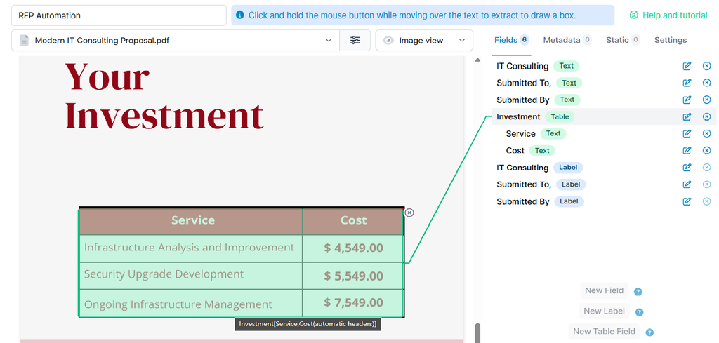 Extract table data from RFP A screen capture of rfp table template