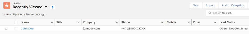 Record created successfully in Salesforce