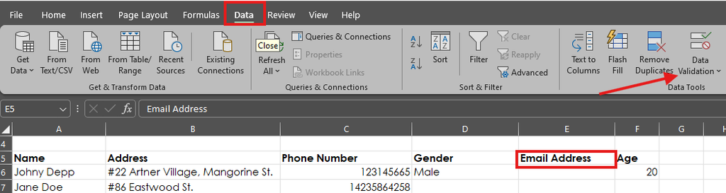 Select the target column A screen capture of Excel