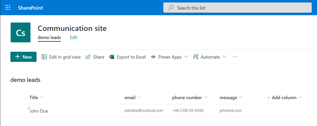 Parsed data sent to SharePoint