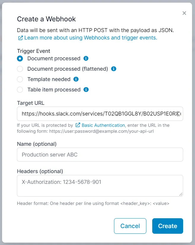 Create Webhook in Parseur