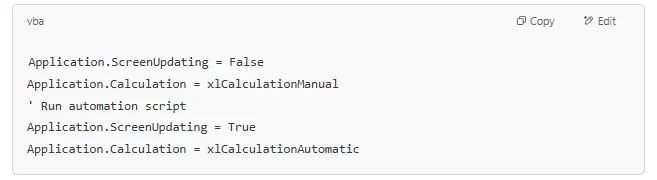 Screen updating & calculation suspension A screen capture of Excel