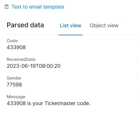 Parsed data from SMS A screen capture of an SMS data