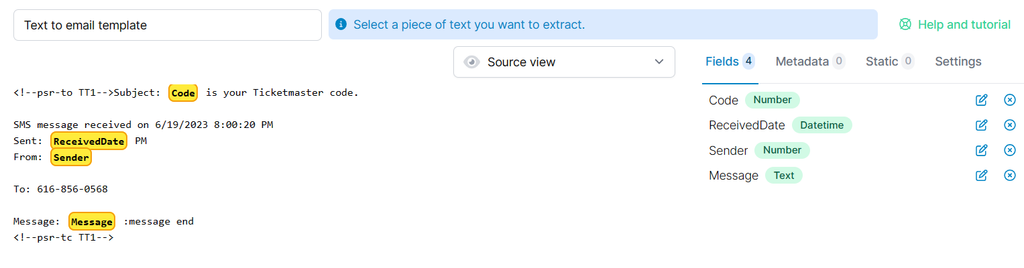 SMS template A screen capture of an SMS template
