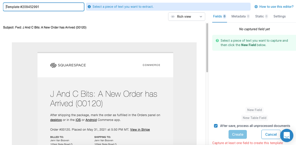 Create your Parseur template