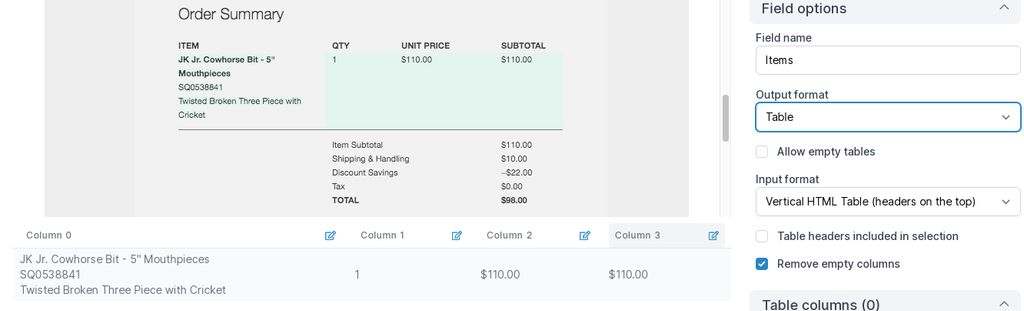 Create table field in Parseur