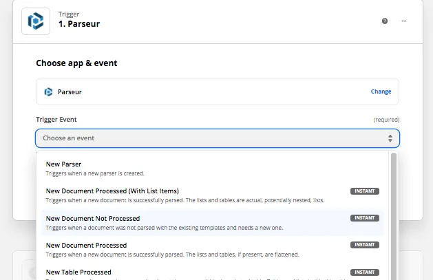 Select Parseur as the trigger