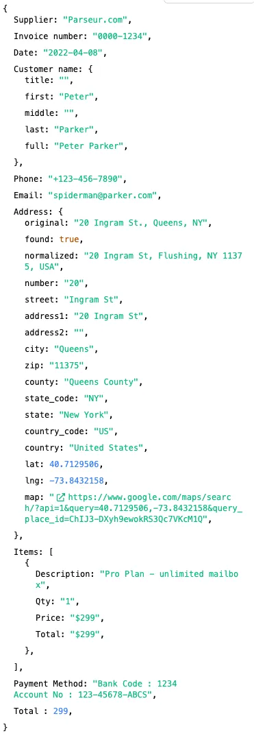 The same invoice as above, but this time structured as JSON and readily usable by a machine A screen capture of structured data
