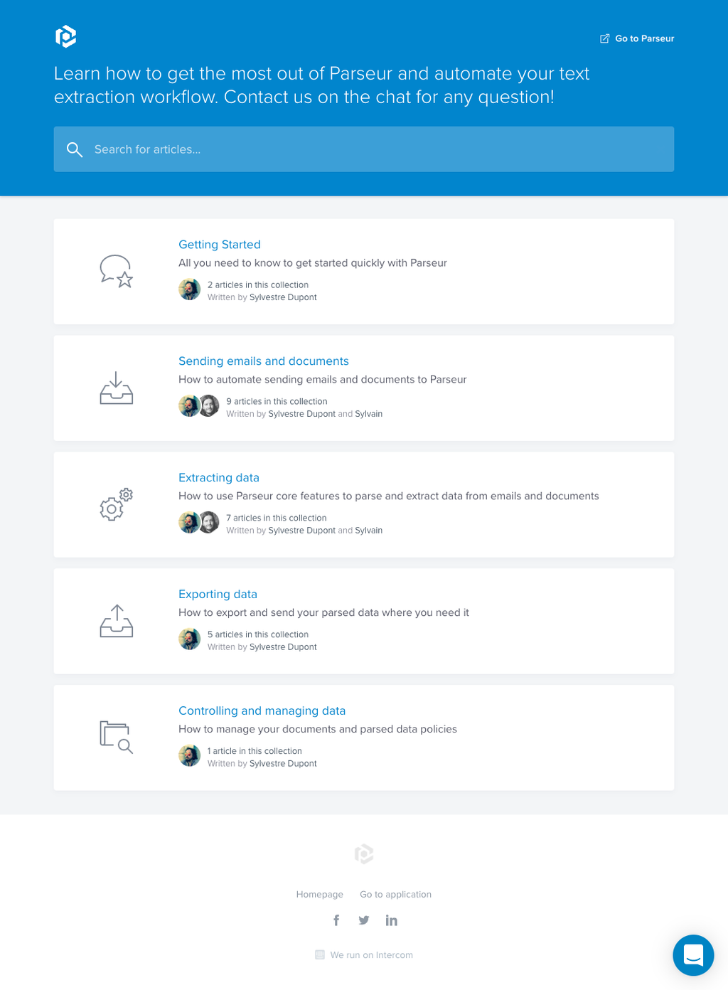 Parseur's new Support Home A screen capture of New support home