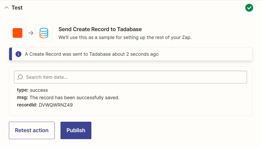 Send a test from Zapier to Tadabase