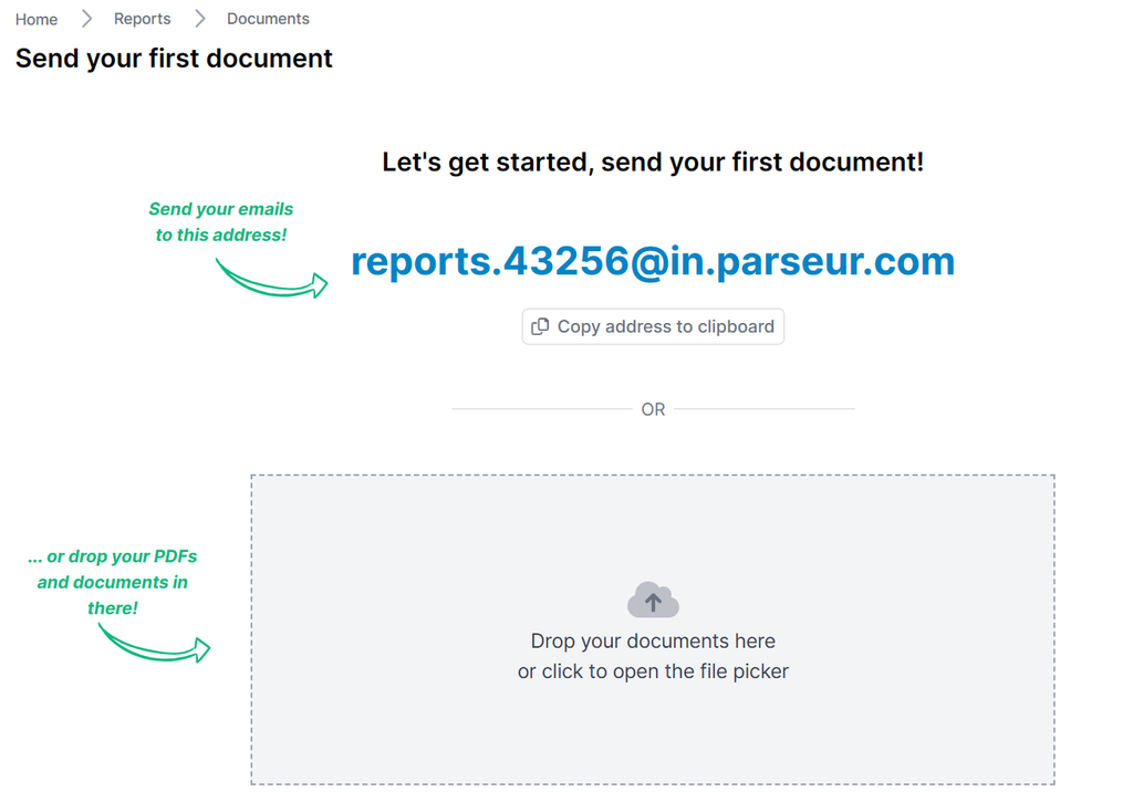 Create a Parseur mailbox for your technical reports A screen capture of technical mailbox