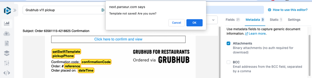 Confirmation dialog when leaving the editor A screen capture of template editor v3 confirmation dialogue