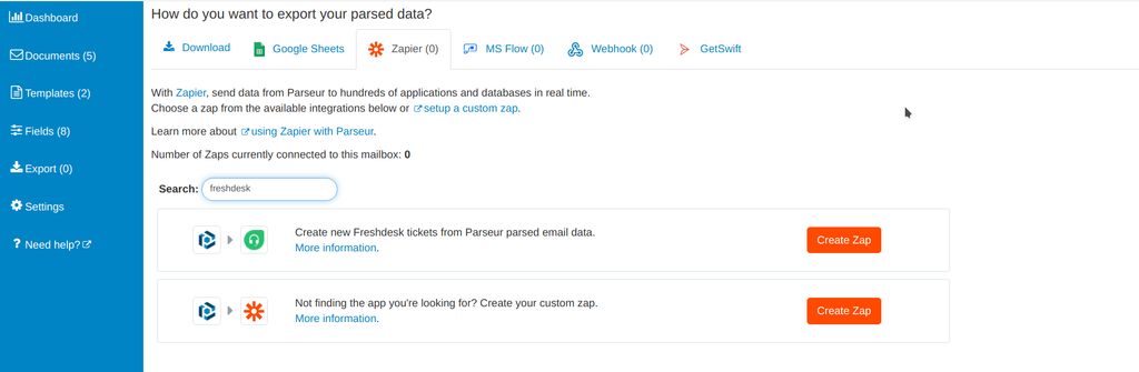 Search for Freshdesk and click on “Create Zap”