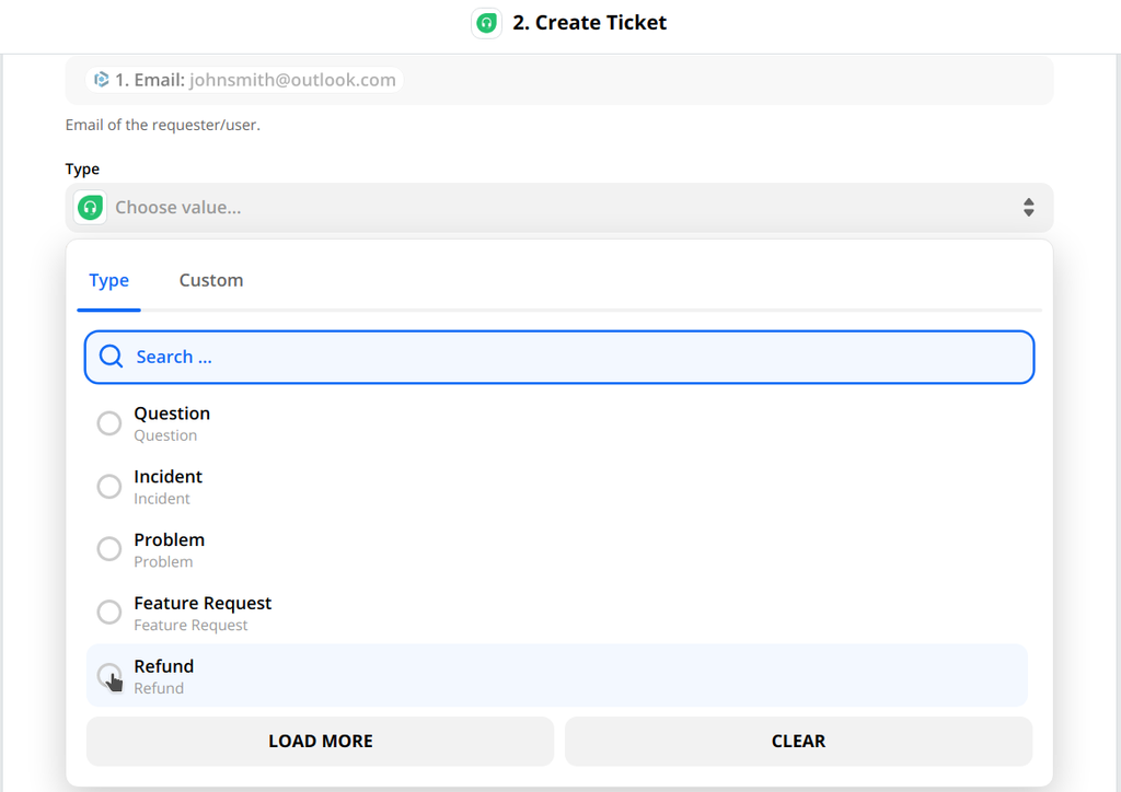 Select the type of ticket