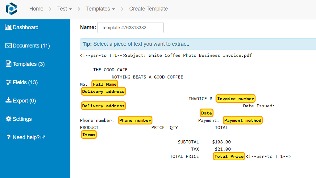 Highlight data for extraction