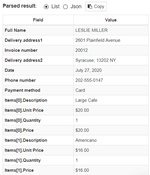 Screenshot showing extracted data from order