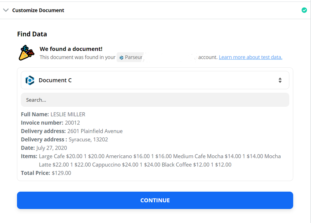 Zapier retrieves parsed data