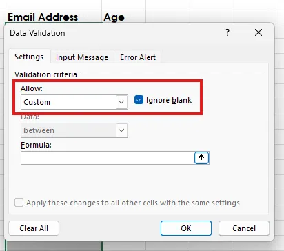 Choose custom A screen capture of Excel