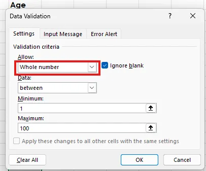 Choose whole number A screen capture of Excel
