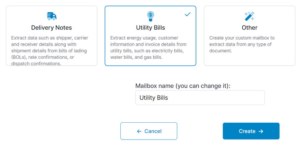 Choose the mailbox Utility Bills A screen capture of utility bill mailbox