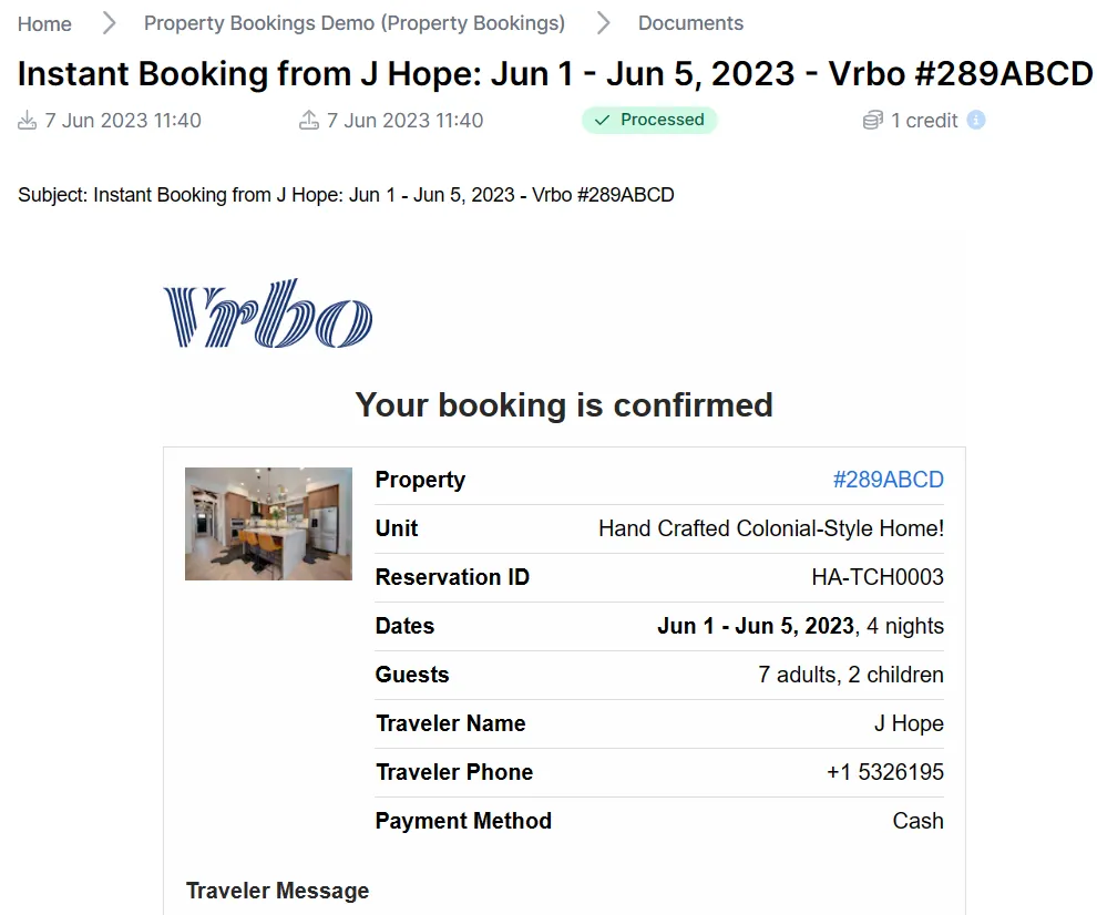 Example of an email from VRBO A screen capture of vrbo example