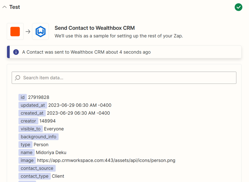 Send a test from Zapier to wealthbox