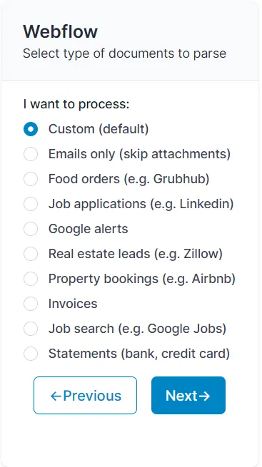Select the option "custom (default)" for the Parseur mailbox