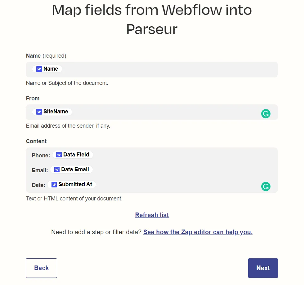 Customize the data that you want to send to Parseur