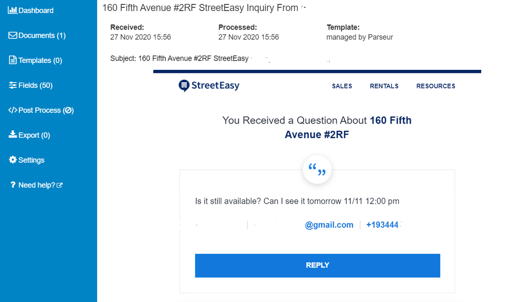 Email received in Parseur mailbox