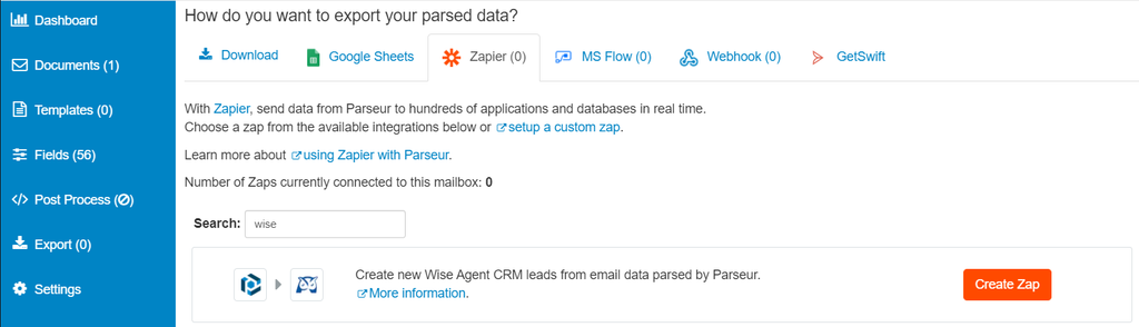 Export parsed data to Zapier