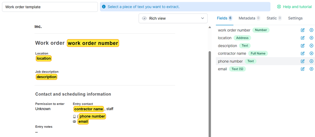 Work order template A screen capture of work order template