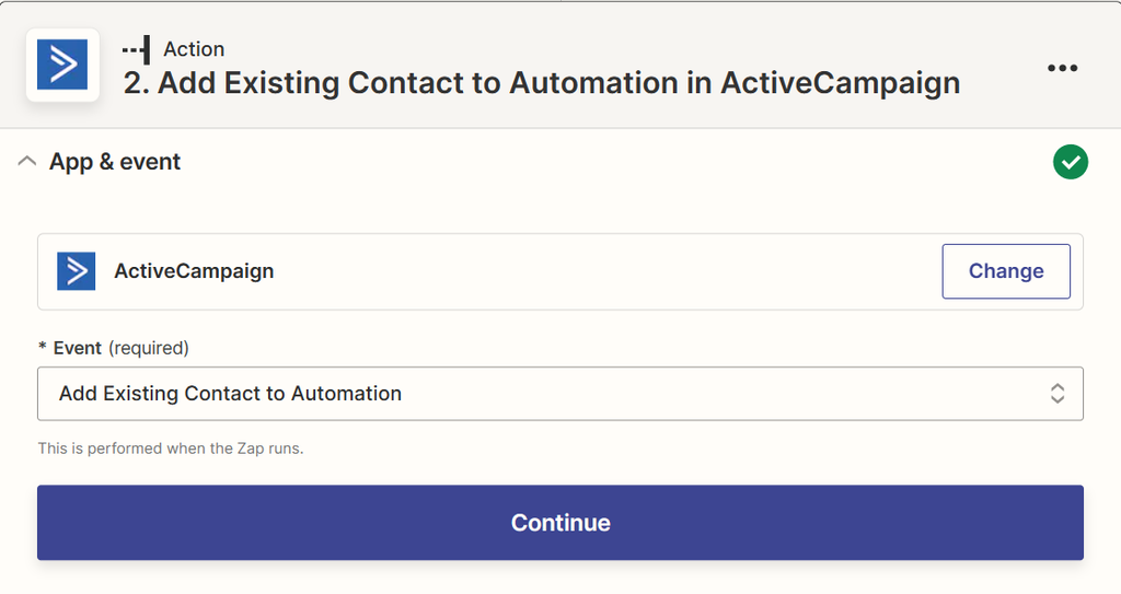 Connect Zapier with ActiveCampaign A screen capture of active campaign zapier